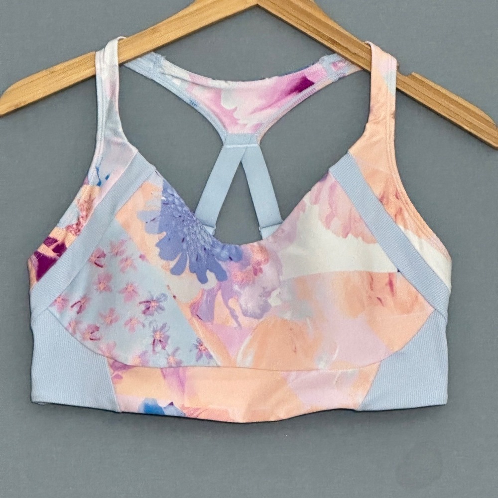 Avia Womens Floral Racerback Sports Bra Blue Pink Peach Large 12-14 Ribbed Trim